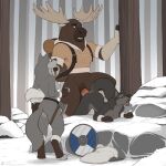ambiguous_penetration anthro anthro_on_anthro anthro_penetrated anthro_penetrating anthro_penetrating_anthro antlers axe backpack bent_over bodily_fluids bottomless breasts brown_body brown_fur canid canine canis clothed clothing cum cum_inside deer erection female female_penetrated fingerless_gloves footwear fur genital_fluids genitals gloves grey_body grey_fur group handwear hi_res horn humanoid_genitalia humanoid_penis jishinu male male/female male_penetrating male_penetrating_female mammal moose nature new_world_deer nipples nude open_mouth outside penetration penis plant predator/prey sex shield snow toeless_footwear tree trio winter wolf
