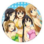  akiyama_mio aono_umi bikini black_eyes black_hair blonde_hair blue_eyes blush breasts brown_eyes brown_hair casual_one-piece_swimsuit cleavage hairband hirasawa_yui k-on! kotobuki_tsumugi large_breasts long_hair looking_at_viewer multiple_girls nakano_azusa navel one-piece_swimsuit one_eye_closed open_mouth pink_swimsuit round_teeth shiny shiny_skin shirt short_hair smile swimsuit tainaka_ritsu taut_clothes taut_shirt teeth thigh_gap twintails 