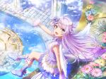  1girl ahoge angel_wings boots dress fake_wings floating_hair flower_request from_side game_cg headpiece long_hair looking_at_viewer looking_to_the_side official_art open_mouth otonashi_ichie pillar purple_boots purple_dress short_sleeves shoujo_kageki_revue_starlight shoujo_kageki_revue_starlight_-re_live- sitting solo water white_wings wings yellow_eyes 