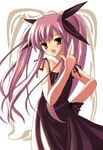  blush dress hair_ribbon hand_on_hip kousaka_alice kyougoku_shin long_hair one-piece_tan pink_hair pointing ribbon solo suigetsu tan tanline twintails very_long_hair yellow_eyes 