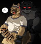 anthro art_uza athletic athletic_anthro athletic_male barazoku baseball_cap baseball_uniform big_muscles big_penis biped black_eyes bottomless bottomless_anthro bottomless_male brown_body brown_fur canid canine canis censor_bar censored censored_genitalia censored_penis clothed clothing domestic_dog duo erection felid fur genitals german_shepherd glans glowing glowing_eyes hat headgear headwear herding_dog hi_res humanoid_genitalia humanoid_penis male mammal masturbation muscular muscular_anthro muscular_male pantherine pastoral_dog penile penile_masturbation penis red_sclera singing sportswear tiger uniform vein veiny_penis