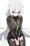  1girl belt black_pantyhose black_shorts black_sweater blush broken_eyewear brown_belt commentary fuyuka_(stella_sora) g_home glasses green_necktie hair_flaps hair_intakes long_hair looking_at_viewer loose_necktie necktie official_alternate_costume pantyhose red_eyes ribbed_sweater short_shorts shorts simple_background sitting sketch solo stella_sora suspender_shorts suspenders sweater symbol-only_commentary torn_clothes torn_pantyhose turtleneck turtleneck_sweater very_long_hair white_background white_hair 