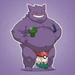 1:1 2025 anthro balls_outline belly big_belly bobbellyboy bulge clothing detailed_bulge disembodied_hand generation_1_pokemon gengar genital_outline ghost_hand hi_res male moobs nintendo nipples overweight overweight_male penis_outline pokemon pokemon_(species) purple_background purple_body simple_background smile solo_focus standing underwear