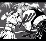 2girls abs boxing boxing_gloves boxing_ring boxing_shorts breasts collarbone commentary_request greyscale highres lee_(dragon_garou) letterboxed light_rays midriff monochrome motion_lines multiple_girls original ponytail punching shorts small_breasts sports_bra sweat toned toned_female topknot 