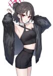 1girl absurdres aoi_riko armpits arms_up bandaged_neck bandages bare_shoulders black_hair black_jacket blue_archive commentary_request criss-cross_halter ear_piercing halterneck highres jacket looking_at_viewer misaki_(blue_archive) misaki_(zozotown)_(blue_archive) piercing ponytail red_eyes short_hair short_ponytail shorts zozotown 