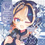  1girl ;d black_hair black_shirt blonde_hair blue_eyes blush character_request commentary commission copyright_request highres holding holding_microphone long_sleeves looking_at_viewer microphone multicolored_hair musical_note one_eye_closed open_mouth portrait shirocha_tei shirt short_hair skeb_commission smile solo sparkle spoken_musical_note twitter_username two-tone_hair watermark 