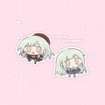  2girls bang_dream! bang_dream!_it's_mygo!!!!! beret blush chibi double_v dual_persona green_hair happy_birthday hat heart highres m_(226mmy) mortis_(bang_dream!) mortis_(costume)_(bang_dream!) mortis_(persona)_(bang_dream!) multiple_girls open_mouth outline pink_hair red_hat red_shorts shorts v wakaba_mutsumi white_outline yellow_eyes 