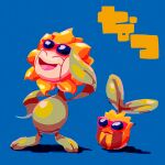  :3 adjusting_eyewear blue_background closed_eyes commentary_request evolutionary_line eyewear_on_head full_body hisashi999 leaf no_humans open_mouth pokemon pokemon_(creature) pokemon_focus red-framed_eyewear simple_background smile standing sunflora sunglasses sunkern 