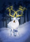  antlers aqua_eyes artist_name commentary_request deer highres horns mi_ho_chi no_humans outdoors pokemon pokemon_(creature) pokemon_focus snow solo standing tree winter wyrdeer 