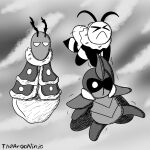 2024 absurd_res ambiguous_gender antennae_(anatomy) anthro arthropod artist_name bee beetle biped black_body black_text bug_fables cloud empty_eyes english_text eyes_closed flying fur group hi_res holding_another horn hymenopteran insect kabbu_(bug_fables) leif_(bug_fables) lepidopteran monochrome moonsprout_games moth motion_lines mouth_closed neck_tuft outside sky text theargoninja trio tuft vi_(bug_fables) white_eyes wings