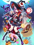  1girl absurdres asahi_illustrator bat_(animal) black_dress black_hat black_nails black_shoes bubi_(ironmouse) chocolate chocolate_donut claw_pose commentary donut dress english_commentary fangs flower flower_in_eye food full_moon hair_ornament hat highres ironmouse ironmouse_(witch) long_hair looking_at_viewer moon multicolored_hair nail_polish open_mouth pink_eyes pink_hair purple_streaks red_flower shoes smile solo star_(symbol) star_hair_ornament streaked_hair symbol_in_eye teeth tongue tongue_out upper_teeth_only virtual_youtuber vshojo witch_hat 