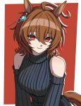  1girl absurdres agnes_tachyon_(umamusume) ahoge animal_ears bare_shoulders black_skirt black_sweater breasts brown_hair closed_mouth commentary earrings english_commentary ghuler hair_between_eyes highres horse_ears horse_girl horse_tail jewelry long_sleeves looking_at_viewer medium_breasts medium_hair red_background red_eyes ribbed_sweater single_earring skirt smile solo sweater tail umamusume 