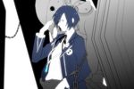  blue_eyes blue_hair chain digital_media_player headphones male_focus persona persona_3 school_uniform solo thanatos yuiha_(ghost) yuuki_makoto 