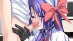  1boy 1girl blue_hair blush bow censored cum cum_on_body facial fellatio game_cg gloves hetero higuchi_isami large_variant_set magical_girl mahou_shoujo_sae mosaic_censoring murakami_shizuru non-web_source official_art oral penis purple_eyes purple_hair ribbon solo_focus variant_set 