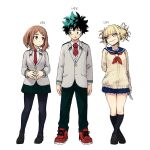  1boy 2girls arm_behind_back black_pantyhose black_shoes black_socks blonde_hair blue_sailor_collar blue_skirt blunt_bangs boku_no_hero_academia breasts brown_hair cardigan collared_shirt double_bun freckles full_body green_hair green_pants green_skirt grey_jacket hair_between_eyes hair_bun height height_difference hk_(nt) holding holding_knife jacket knife loafers looking_at_another medium_breasts medium_hair messy_hair midoriya_izuku multiple_girls neckerchief necktie own_hands_together pants pantyhose parted_lips pleated_skirt red_neckerchief red_necktie red_shoes sailor_collar school_uniform shirt shoes short_hair skirt smile sneakers socks suit_jacket toga_himiko u.a._school_uniform uraraka_ochaco white_background white_shirt yellow_cardigan 
