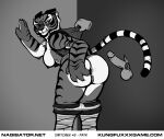 against_surface against_wall annoyed anthro anus balls big_breasts black_stripes bottomwear bottomwear_down breasts clothed clothing disembodied_hand disembodied_penis dreamworks exposed_breasts eyelashes felid female genitals hi_res imminent_sex kung_fu_panda looking_back male male/female mammal markings master_tigress monochrome nagibator nipples pantherine panties panties_down pants pants_down partially_clothed penis rear_view solo striped_markings striped_tail stripes tail tail_markings thick_thighs tiger underwear underwear_down vulva wide_hips