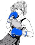  1girl blue_gloves boxing boxing_gloves breasts collarbone commentary cowboy_shot dutch_angle fighting_stance flying_sweatdrops gloves greyscale hatching_(texture) high-waist_skirt highres lee_(dragon_garou) lips medium_breasts midriff monochrome original serious short_hair side_slit skirt solo sports_bra spot_color sweat v-shaped_eyebrows 