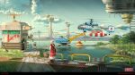  2girls aircraft child cloud commentary_request dress grass helicopter highres hose moutain multiple_girls outdoors russian_text scenery science_fiction shore sion005 sky soviet star_(symbol) tagme tower water 