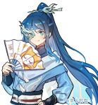  1girl androgynous artist_name belt_buckle blue_eyes blue_hair blue_hanfu blue_headband blue_scarf bow bracer buckle cat cherilynorz chinese_clothes chinese_commentary chinese_hairpin closed_mouth commentary_request dot_nose eye_mask eyelashes folding_fan grey_mask half_mask hand_fan hand_on_own_hip hanfu happy headband high_ponytail holding holding_fan infinity_nikki light_blush long_hair long_sleeves looking_at_viewer mandarin_collar mask momo_(nikki) nikki_(series) ponytail puffy_long_sleeves puffy_sleeves red_bow scarf simple_background smile solo sword_master_(infinity_nikki) torn_clothes torn_scarf upper_body very_long_hair white_background 