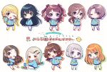  6+girls :d ;d ahoge arimura_mao blonde_hair blue_eyes blue_shirt blue_skirt blush braid brown_eyes brown_hair buttons chibi chibi_only closed_mouth collared_shirt commentary_request contrast_collar crossed_bangs double-parted_bangs drop_shadow fujita_kotone full_body furigana gakuen_idolmaster green_eyes grey_hair hair_between_eyes hair_ornament hairclip hanami_saki hanami_ume hand_up hands_on_own_hips hands_up heart heart-shaped_pupils highres himesaki_rinami holding holding_stuffed_toy idolmaster katsuragi_lilja kindergarten_uniform koyoshi_yoko kuramoto_china long_hair long_sleeves looking_at_viewer multiple_girls name_tag one_eye_closed open_mouth orange_hair outline own_hands_together pantyhose parted_bangs pleated_skirt polka_dot polka_dot_background red_shoes shinosawa_hiro shirt shiun_sumika shoes short_hair skirt smile standing standing_on_one_leg stuffed_animal stuffed_toy symbol-shaped_pupils teddy_bear teeth toy translated tsukimura_temari twin_braids two_side_up upper_teeth_only v-shaped_eyebrows white_background white_outline white_pantyhose yellow_eyes 