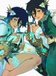  2boys absurdres anemo_symbol_(genshin_impact) animal_on_shoulder aqua_eyes barefoot bird bird_on_shoulder black_bow black_bowtie blue_hair bow bowtie braid bridal_gauntlets capelet cecilia_flower_(genshin_impact) collared_shirt colored_tips commentary dove dual_persona english_commentary eyelashes feet_out_of_frame flower frilled_sleeves frills genshin_impact girly_boy glowing glowing_tattoo gold_trim green_capelet green_eyes hair_between_eyes hair_flower hair_ornament high_collar highres holding holding_instrument holding_lyre instrument juliet_sleeves kallynnekmi leg_tattoo long_sleeves looking_at_viewer lyre male_focus medium_hair multicolored_hair multiple_boys nose pantyhose pink_lips pom_pom_(clothes) puffy_sleeves shirt shorts signature simple_background smile squatting tattoo thighs twin_braids venti_(archon)_(genshin_impact) venti_(genshin_impact) vision_(genshin_impact) white_background white_bridal_gauntlets white_capelet white_flower white_pantyhose white_sleeves 