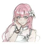  1girl bang_dream! bang_dream!_our_notes blush carrotcake114 commentary flower grey_eyes hair_flower hair_ornament izumi_houka open_mouth pink_hair shirt simple_background solo symbol-only_commentary white_background white_shirt 