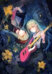  2girls 7-string_guitar ascot bang_dream! bang_dream!_it's_mygo!!!!! beret black_capelet black_choker blue_dress brooch capelet choker closed_mouth commentary cucumber_flower dress dual_persona earrings electric_guitar extended_range_guitar frilled_choker frills green_hair green_ribbon guitar hair_ornament hairclip hat highres holding holding_guitar holding_instrument instrument jewelry koniliuu long_hair long_sleeves mortis_(bang_dream!) mortis_(costume)_(bang_dream!) mortis_(persona)_(bang_dream!) multiple_girls neck_ribbon plaid_clothes plaid_dress red_hat ribbon wakaba_mutsumi white_ascot yellow_eyes 
