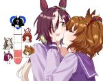  6+girls animal_ears aston_machan_(umamusume) baejimile black_hair blue_eyes blush bow brown_hair closed_eyes closed_mouth commentary crown daiwa_scarlet_(umamusume) dream_journey_(umamusume) eyepatch glasses green_eyes hair_over_one_eye highres horse_ears horse_girl kiss kiss_meter_(meme) kissing_cheek long_hair long_sleeves looking_at_another meme mini_crown multicolored_hair multiple_girls one_side_up open_mouth purple_sailor_collar purple_shirt red_desire_(umamusume) red_hair red_veil sailor_collar school_uniform shirt symbol-only_commentary tanino_gimlet_(umamusume) tracen_school_uniform twintails two-tone_hair umamusume veil vodka_(umamusume) white_bow white_hair yellow_eyes yuri 