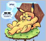 3_toes animal_genitalia armpit_hair balls big_sheath big_teeth bodily_fluids body_hair brown_eyes buckteeth censored_text chest_tuft cloud dialogue dirt emanata english_text eyebrows facial_markings fan_character feet floppy_penis fur game_freak generation_1_pokemon genitals grass half-closed_eyes hands_behind_head head_markings head_tuft hi_res huge_sheath hyper hyper_genitalia hyper_sheath leaning_on_wall long_sheath lounging lying lying_on_ground male mammal markings narrowed_eyes nintendo nude on_back on_ground outside paws penis pikachu plant pokemon pokemon_(species) pubes public public_nudity raised_arms raised_eyebrows relaxing rock rodent shameless sheath sheriff_macaroni signature sky slightly_chubby smile snaggle_teeth solo speech_bubble spooky_dune sweat sweatdrop teeth text toes tooth_gap tuft two_tone_paws wall_(structure) wood wood_wall yellow_body yellow_fur