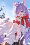  1girl ahoge animal_ear_fluff animal_ears artist_request bike_shorts bike_shorts_under_skirt black_skirt blue_eyes bow commentary_request creature day double-parted_bangs fang foot_out_of_frame fox_ears fox_girl fox_tail gloves hair_intakes heterochromia highres holding holding_creature inari_(tenko_shibuki) jacket knees_up korean_commentary long_hair long_sleeves looking_at_viewer loose_socks miniskirt open_mouth outdoors pom_pom_(clothes) purple_hair red_gloves red_scarf scarf scarf_bow second-party_source sitting skirt smile socks solo stellive tail tenko_shibuki very_long_hair virtual_youtuber white_jacket white_socks winter winter_clothes yellow_eyes 