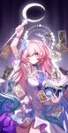  1girl absurdres aglaea_(honkai:_star_rail) anaxa_(honkai:_star_rail) arm_up armpits as_i've_written_(honkai:_star_rail) book breasts card castorice_(honkai:_star_rail) ceremonial_blade_(honkai:_star_rail) cerydra_(honkai:_star_rail) cipher_(honkai:_star_rail) cyrene_(demiurge)_(honkai:_star_rail) cyrene_(honkai:_star_rail) dan_heng_(honkai:_star_rail) dan_heng_(permansor_terrae)_(honkai:_star_rail) diamond-shaped_pupils diamond_(shape) dress evernight_(honkai:_star_rail) highres holding holding_book holding_staff honkai:_star_rail honkai_(series) hyacine_(honkai:_star_rail) hysilens_(honkai:_star_rail) large_breasts long_hair march_7th_(honkai:_star_rail) mydei_(honkai:_star_rail) open_book phainon_(honkai:_star_rail) pink_hair purple_eyes ruosnow solo staff symbol-shaped_pupils tarot tarot_card trianne_(honkai:_star_rail) tribbie_(honkai:_star_rail) trinnon_(honkai:_star_rail) very_long_hair white_dress 