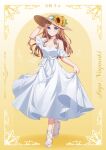  1girl absurdres arm_up bang_dream! bang_dream!_it's_mygo!!!!! bare_shoulders blue_eyes breasts brown_hair character_name chinese_commentary choker cleavage collarbone commentary_request copyright_name dress flower full_body gradient_background hand_on_headwear hat hat_flower hat_ribbon highres long_hair looking_at_viewer medium_breasts musical_note mygo!!!!!_(bang_dream!) nagasaki_soyo nuoweisenlin_tongren_gongzuoshi off-shoulder_dress off_shoulder parted_bangs ribbon sandals short_sleeves skirt_hold smile solo standing straw_hat sun_hat sundress sunflower tujiu_sama white_choker white_dress white_ribbon yellow_background yellow_flower 