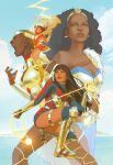  4girls absurdres bald black_hair blue_sky boots cape cloud commentary dark-skinned_female dark_skin day dc_comics dress english_commentary highres holding_lasso lasso lasso_of_truth long_hair multiple_girls open_mouth red_dress scott_forbes sky very_dark_skin white_cape wonder_woman wonder_woman_(series) yara_flor yellow_boots 