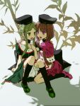  2girls apron bamboo ben-day_dots black_hat black_socks black_trim blonde_hair bloomers blunt_bangs brown_hair collar commentary dress gold_bowtie gold_buttons gold_trim green_dress green_eyes green_shoes hand_on_another's_arm hand_on_another's_shoulder hat highres hug kaigen_1025 kneehighs kneeling knees_up leaf light_blush long_sidelocks looking_at_another multiple_girls myouga_(plant) nishida_satono open_mouth parted_bangs purple_dress purple_eyes purple_shoes red_ribbon red_trim ribbon sash screentones shade shoes short_hair sidelocks simple_background sitting smile socks tate_eboshi teireida_mai touhou tree unmoving_pattern white_background white_bloomers white_collar white_sash 