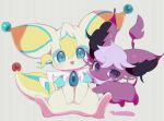  2others animal_ears blue_eyes blush chibikemo commentary_request creature creature_focus furry looking_at_viewer multiple_others orb original other_focus purple_fur purple_hair rorizu simple_background sitting tail whiskers white_background white_fur 