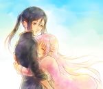  1boy 1girl black_eyes black_hair eyes_closed hair_between_eyes height_difference hetero highres hug k_(anime) kimidori_(kimidoriri) long_hair looking_at_another neko_(k) pink_hair ponytail smile very_long_hair yatogami_kurou 