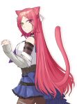  1girl animal_ears arm_belt assault_lily bare_shoulders belt belt_buckle black_belt black_choker black_shirt blue_sailor_collar blue_skirt breasts brown_pantyhose buckle cat_ears cat_girl cat_tail choker closed_mouth commentary_request cowboy_shot crop_top detached_sleeves drop_shadow from_side green_eyes hair_ribbon half_updo hand_up heterochromia kemonomimi_mode layered_sleeves long_hair long_sleeves looking_at_viewer looking_to_the_side medium_breasts miniskirt neckerchief nigari_(ngari_0115) odaiba_girls_high_school_uniform pantyhose parted_bangs pleated_skirt purple_neckerchief red_eyes red_hair ribbon sailor_collar school_uniform serafuku shiba_tomoshibi shirt simple_background skirt sleeveless sleeveless_shirt solo standing tail tail_raised thigh_strap undershirt very_long_hair waist_cape white_background white_ribbon white_shirt 