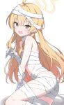  1girl absurdres ahoge ass bandaged_arm bandaged_chest bandaged_hand bandaged_head bandaged_leg bandaged_torso bandages bare_shoulders blonde_hair blue_archive blush breasts brown_eyes chinese_commentary commentary_request fang from_side hair_between_eyes halloween_costume halo hand_up highres jyt long_hair looking_at_viewer making-of_available mummy_costume naked_bandage open_mouth painttool_sai_(medium) partial_commentary simple_background skin_fang small_breasts solo sweat v-shaped_eyebrows white_background yellow_halo yoshimi_(blue_archive) yoshimi_(halloween)_(blue_archive) 