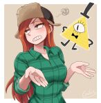  1boy 1girl animification bill_cipher black_eyes bow bowtie breasts clenched_teeth commentary earrings freckles galois gravity_falls green_shirt hat highres jewelry long_hair medium_breasts orange_hair plaid_clothes plaid_skirt shirt shrugging signature skirt squiggle teeth top_hat ushanka wendy_corduroy 
