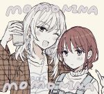  2girls brown_hair brown_jacket can character_name cho_nekura commentary girls_band_cry grey_eyes grey_hair highres holding holding_can iseri_nina jacket kawaragi_momoka long_hair low_twintails multicolored_hair multiple_girls one_eye_closed open_clothes open_jacket roots_(hair) shirt short_hair short_twintails simple_background twintails upper_body white_shirt 