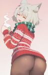  1girl absurdres animal_ear_fluff animal_ears ass ass_focus bob_cut brown_pantyhose cat_ears cat_girl closed_eyes commentary cup fiery_hair from_behind grey_sweater highres holding holding_cup huge_ass long_sleeves mio_(xenoblade) mug open_mouth pantyhose parted_bangs red_sweater short_hair smile smoke smoke_trail solo striped_clothes striped_sweater sweater turning_head xenoblade_chronicles_(series) xenoblade_chronicles_3 zelc-face 