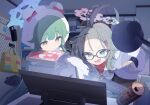  2girls artist_request blue_archive blue_eyes blue_halo closed_mouth forehead game_cg glasses green_eyes green_hair halo highres holding holding_stylus hood hood_up indoors jacket long_hair meru_(blue_archive) momiji_(blue_archive) multiple_girls non-web_source official_art open_mouth pink_halo red_sweater smile stylus sweater topknot white_jacket 
