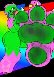3_toes anthro blue_ears cheek_tuft claws dirty dirty_feet epic_face facial_tuft fangs feet flushedspace food foot_focus green_body green_pawpads green_tuft hi_res kevin_(nyanwolf) leg_markings looking_at_viewer low-angle_view male markings pawpads pepperoni pepperoni_pizza pink_feet pink_socks_(marking) pizza plantigrade_pawpads rainbow_background simple_background socks_(marking) solo teeth thick_feet toe_claws toes tuft