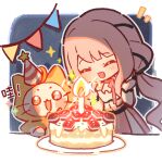  1girl ^_^ animal belt birthday birthday_cake black_belt black_bow black_ribbon blue_background blush_stickers border bow bow_choker bowtie bra_strap brown_eyes cake candle cat cherilynorz chibi chinese_commentary chinese_text choker cloak closed_eyes clothed_animal commentary_request ear_covers fire food frilled_shirt frills garland_(decoration) grey_outline hair_bow hair_ribbon hands_up happy hat hat_ornament hood hood_up hooded_cloak infinity_nikki layered_skirt light_blush long_hair long_sidelocks long_sleeves low_twintails miniskirt momo_(nikki) motion_lines nikki_(nikki) nikki_(series) notice_lines off-shoulder_shirt off_shoulder open_mouth outline outside_border party_hat perfect_start_(infinity_nikki) pink_bow pink_bowtie pink_choker pink_hair pink_skirt plate red_bow red_bowtie red_hat ribbon shirt sidelocks single_stripe skirt smile solid_circle_eyes sparkle standing star_(symbol) star_hat_ornament striped_bow striped_bowtie striped_choker striped_clothes striped_headwear striped_skirt table translation_request tress_ribbon twintails two-tone_headwear vertical-striped_clothes vertical-striped_skirt very_long_hair wavy_hair whiskers white_border white_cat white_hat white_shirt white_skirt yellow_cloak 