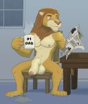 absurd_res balls birbdrain blue_eyes bodily_fluids brown_mane casual_nudity casual_urination chair coffee_mug digital_drawing_(artwork) digital_media_(artwork) felid flaccid foreskin furniture genital_fluids genitals hi_res holding_coffee_mug holding_object lion male mammal mane newspaper nipples nude on_chair pantherine pecs peeing peeing_on_ground penis raining reading reading_newspaper sitting sitting_on_chair solo steam table tan_body urethra urine urine_on_ground urine_pool urine_stream window