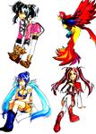 4girls anise_tatlin black_hair blue_hair boots breasts brown_hair capelet doll dress fenia gloves highres judith long_hair midriff multiple_girls open_mouth pointy_ears red_eyes red_hair rommy shoes skirt smile tales_of_(series) tales_of_rebirth tales_of_the_abyss tales_of_the_tempest tales_of_vesperia thighhighs tokunaga twintails wings 