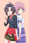  2girls antenna_hair arched_bangs arimura_mao back-to-back black_eyes black_hair black_shirt blue_skirt brown_background chromatic_aberration closed_mouth commentary_request cowboy_shot gakuen_idolmaster green_skirt grin highres holding_hands idolmaster idolmaster_(classic) kikuchi_makoto looking_at_viewer multiple_girls pink_hair plaid_clothes plaid_skirt shirt shitoto short_hair short_sleeves simple_background skirt smile standing tomboy v white_shirt 