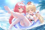  2girls absurdres alice_thymefield alice_thymefield_(sea_of_thyme) animal_ears blush braid breasts cleavage commentary_request eyewear_on_head green_eyes hair_ornament heart heart-shaped_eyewear highres long_hair looking_at_viewer multiple_girls official_alternate_costume one-piece_swimsuit pantyhose pink_one-piece_swimsuit rabbit_ears rabbit_girl red_hair revision smile soles sphere_hair_ornament swimsuit thigh_strap ukinami_yuzuha ukinami_yuzuha_(tanuki_in_broad_daylight) very_long_hair white_pantyhose wuti_(qq1432872407) zenless_zone_zero 