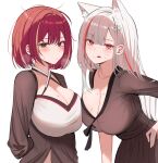  2girls akane_lize animal_ear_fluff animal_ears arm_behind_back blush breasts brown_dress brown_hair character_request cleavage closed_mouth collarbone commentary_request dress grey_eyes grey_hair hair_ornament hand_on_own_hip highres large_breasts leaning_forward long_hair long_sleeves multicolored_hair multiple_girls pleated_dress red_eyes red_hair short_hair simple_background stellive streaked_hair sweat talnory very_long_hair virtual_youtuber white_background 