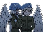  2girls @_@ angel angel_wings belt_around_waist beret blue_hat blue_helmet blush braid braided_ponytail commentary english_commentary feathered_wings fingerless_gloves from_side gloves green_gloves green_jacket hand_up hat helmet jacket karepack long_hair looking_at_viewer looking_to_the_side military_uniform multiple_girls open_mouth original pocket profile short_hair shoulder_pads simple_background smirk soldier teeth united_nations upper_body white_background white_eyes white_hair white_wings wings 